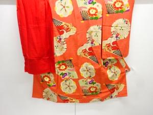 アンティーク　紋錦紗　扇面に草花・鶴模様着物(内袖付き)